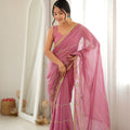 Lovely Rose Pink Star Georgette Saree Thread Beads Embroidery Work for Women