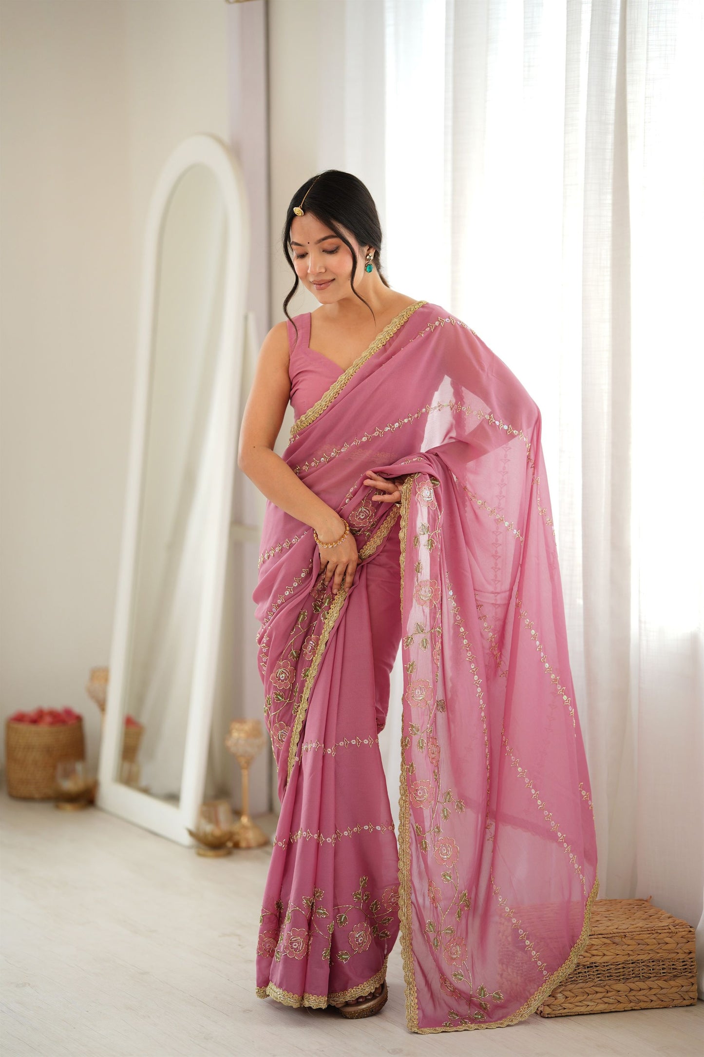 Lovely Rose Pink Star Georgette Saree Thread Beads Embroidery Work for Women