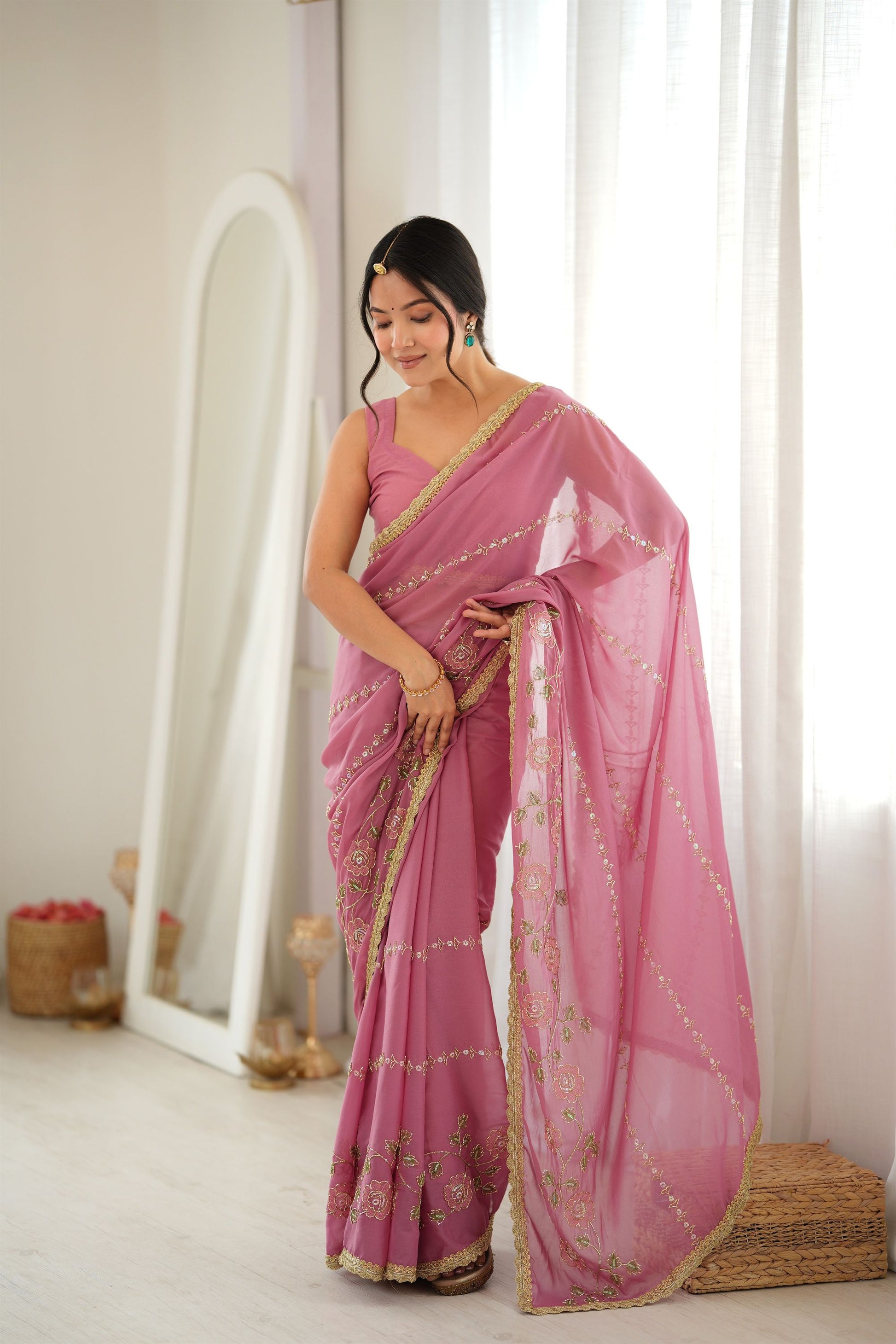 Lovely Rose Pink Star Georgette Saree Thread Beads Embroidery Work for Women