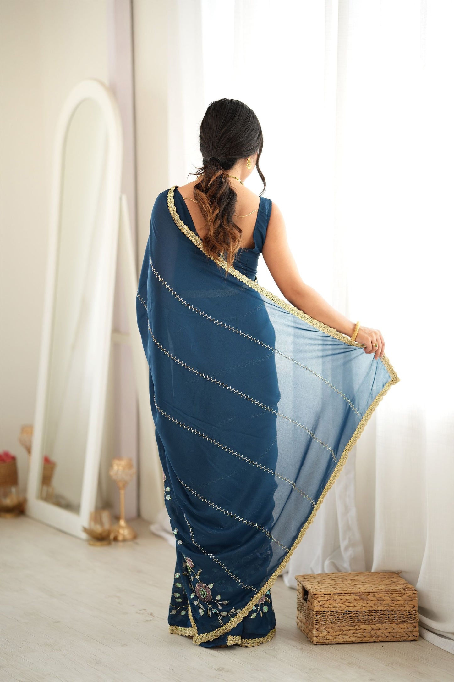 Stylish Navy Blue Star Georgette Saree Thread Beads Embroidery Work for Women