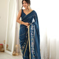 Stylish Navy Blue Star Georgette Saree Thread Beads Embroidery Work for Women