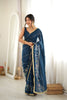 Stylish Navy Blue Star Georgette Saree Thread Beads Embroidery Work for Women