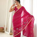 Beautiful Rani Pink Star Georgette Saree Thread Beads Embroidery Work for Women
