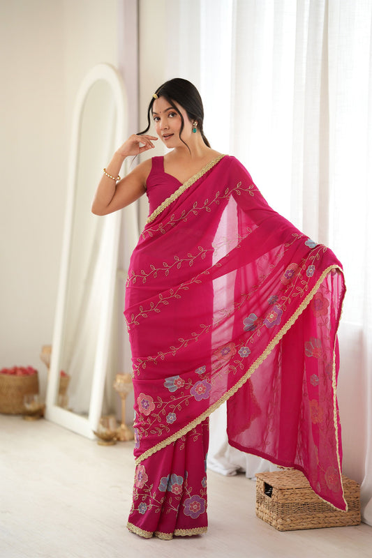 Beautiful Rani Pink Star Georgette Saree Thread Beads Embroidery Work for Women