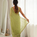 Grateful Green Star Georgette Saree Thread Beads Embroidery Work for Women