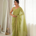 Grateful Green Star Georgette Saree Thread Beads Embroidery Work for Women