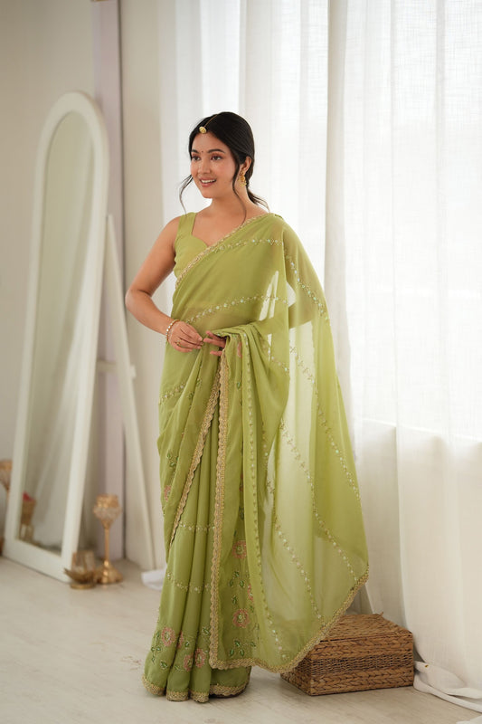 Grateful Green Star Georgette Saree Thread Beads Embroidery Work for Women