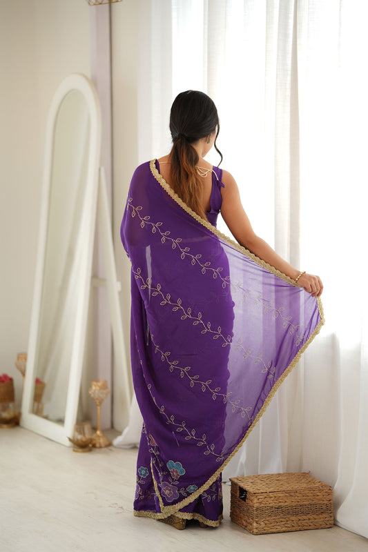 Stylish Purple Star Georgette Saree Thread Beads Embroidery Work for Women