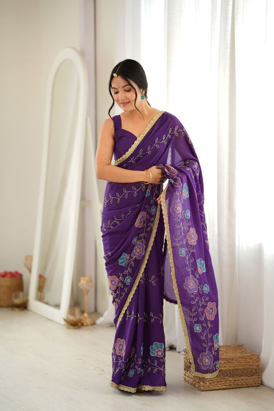 Stylish Purple Star Georgette Saree Thread Beads Embroidery Work for Women