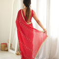 Vibrant Red Star Georgette Saree Thread Beads Embroidery Work for Women