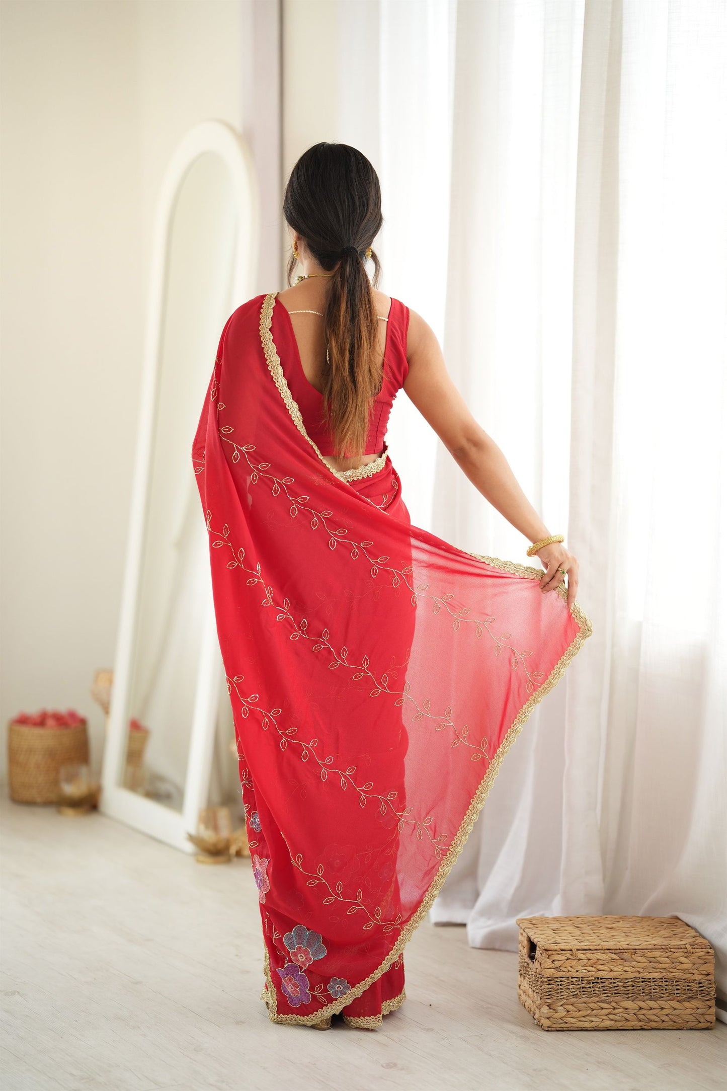 Vibrant Red Star Georgette Saree Thread Beads Embroidery Work for Women