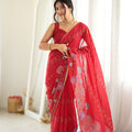 Vibrant Red Star Georgette Saree Thread Beads Embroidery Work for Women