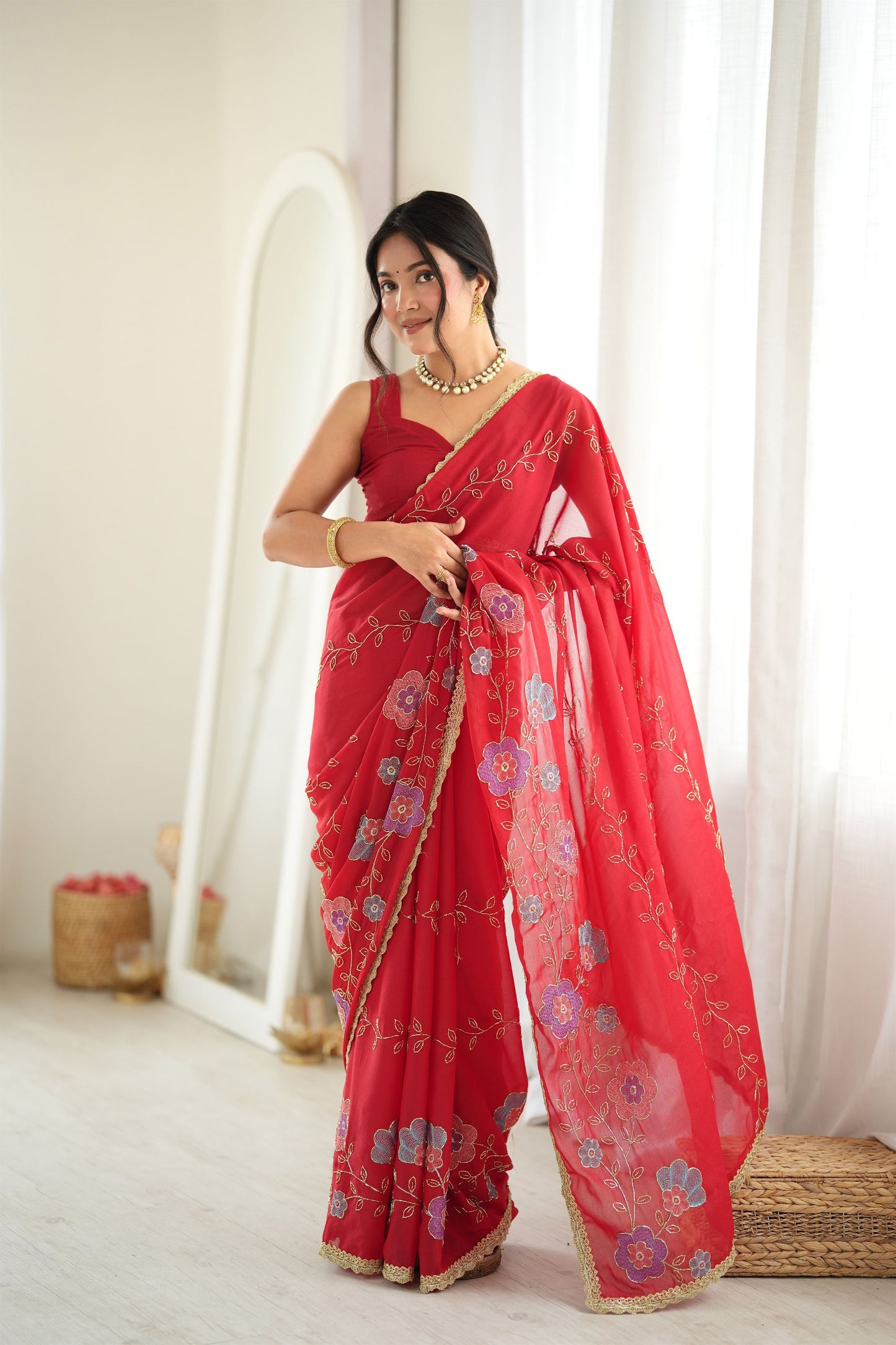 Vibrant Red Star Georgette Saree Thread Beads Embroidery Work for Women