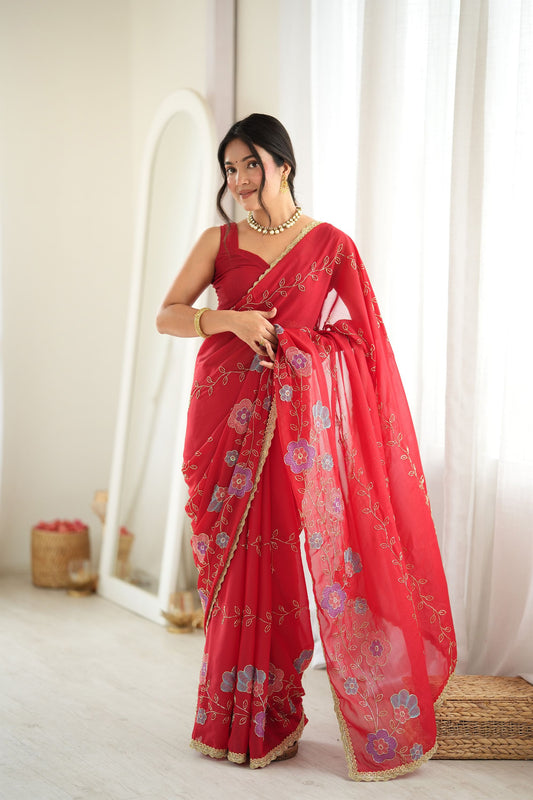 Vibrant Red Star Georgette Saree Thread Beads Embroidery Work for Women
