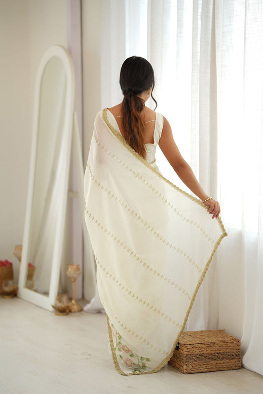 Premium White Star Georgette Saree Thread Beads Embroidery Work for Women