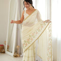 Premium White Star Georgette Saree Thread Beads Embroidery Work for Women