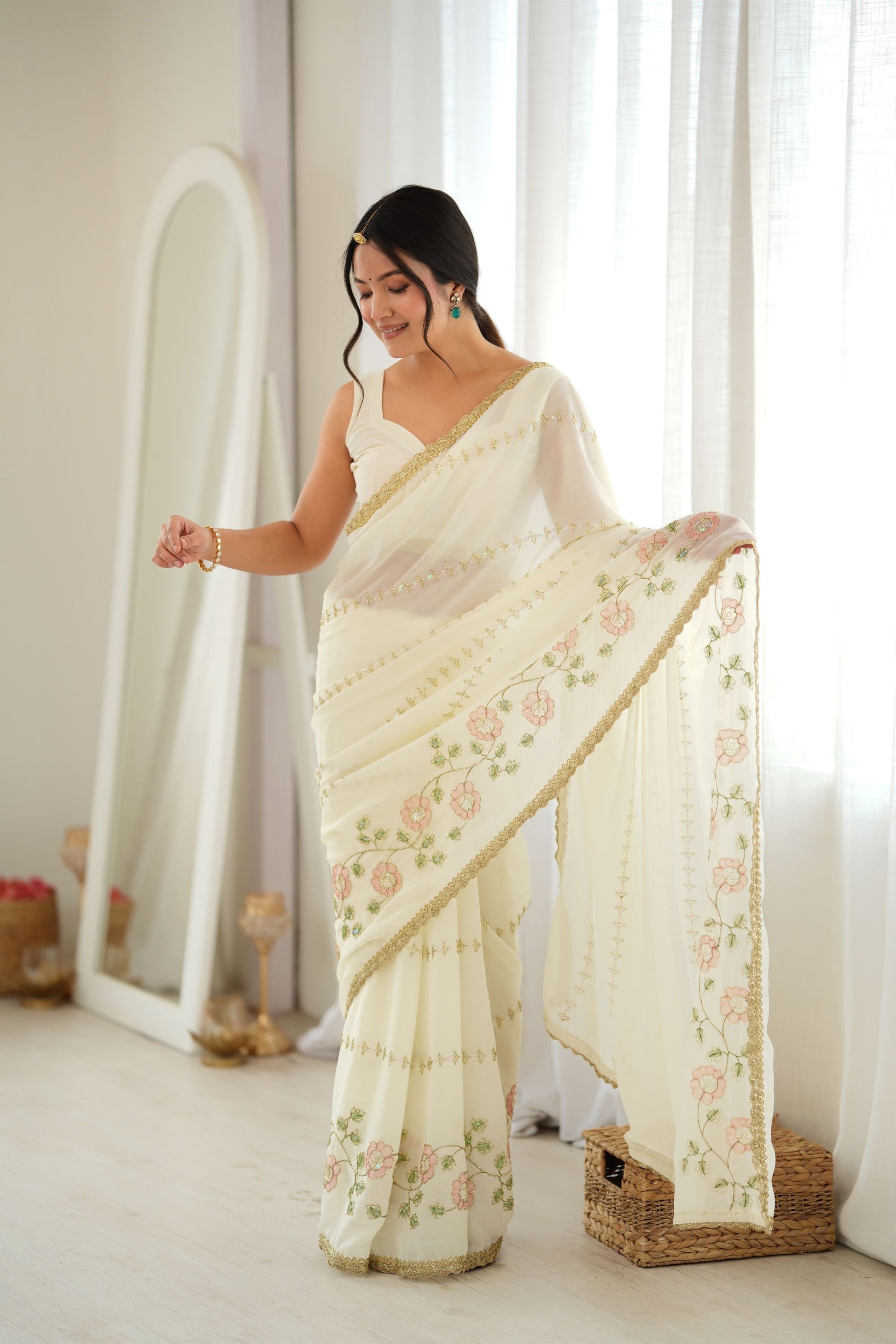 Premium White Star Georgette Saree Thread Beads Embroidery Work for Women