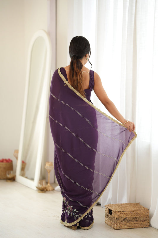 Stunning Dark Purple Star Georgette Saree Thread Beads Embroidery Work for Women