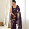 Stunning Dark Purple Star Georgette Saree Thread Beads Embroidery Work for Women
