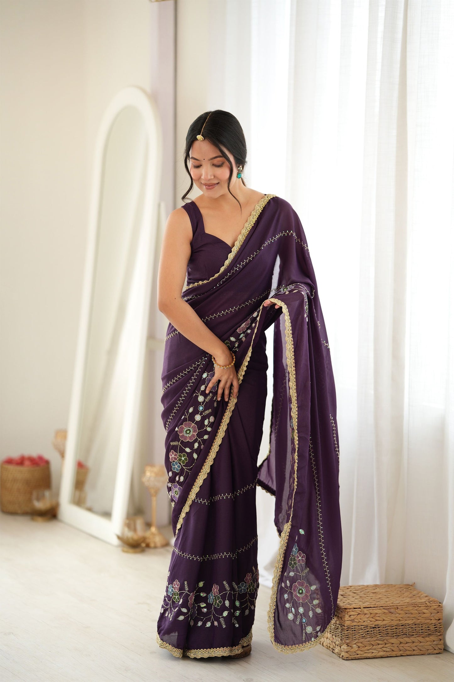 Stunning Dark Purple Star Georgette Saree Thread Beads Embroidery Work for Women