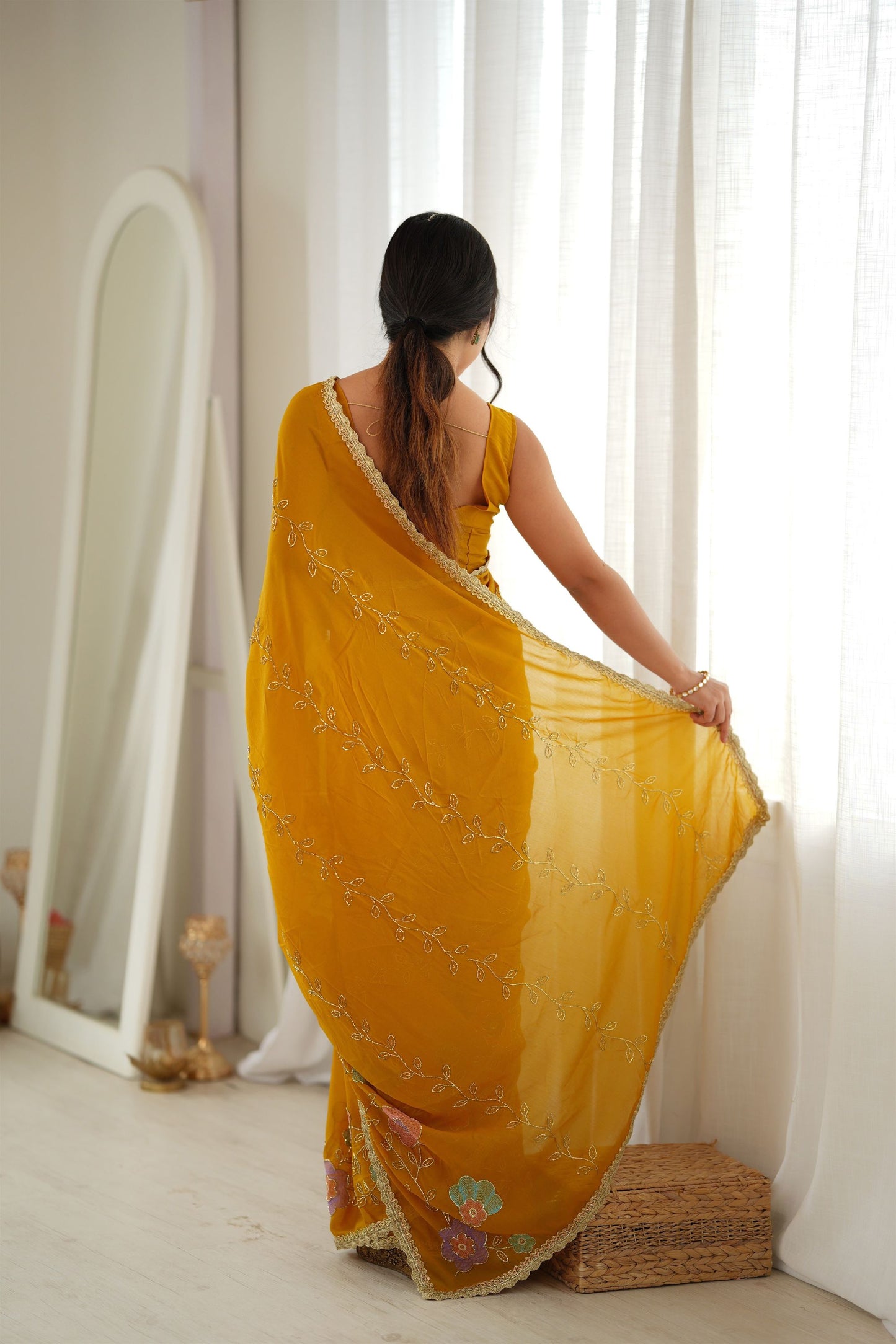 Refreshing Mustard Yellow Star Georgette Saree Thread Beads Embroidery Work for Women