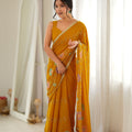 Refreshing Mustard Yellow Star Georgette Saree Thread Beads Embroidery Work for Women