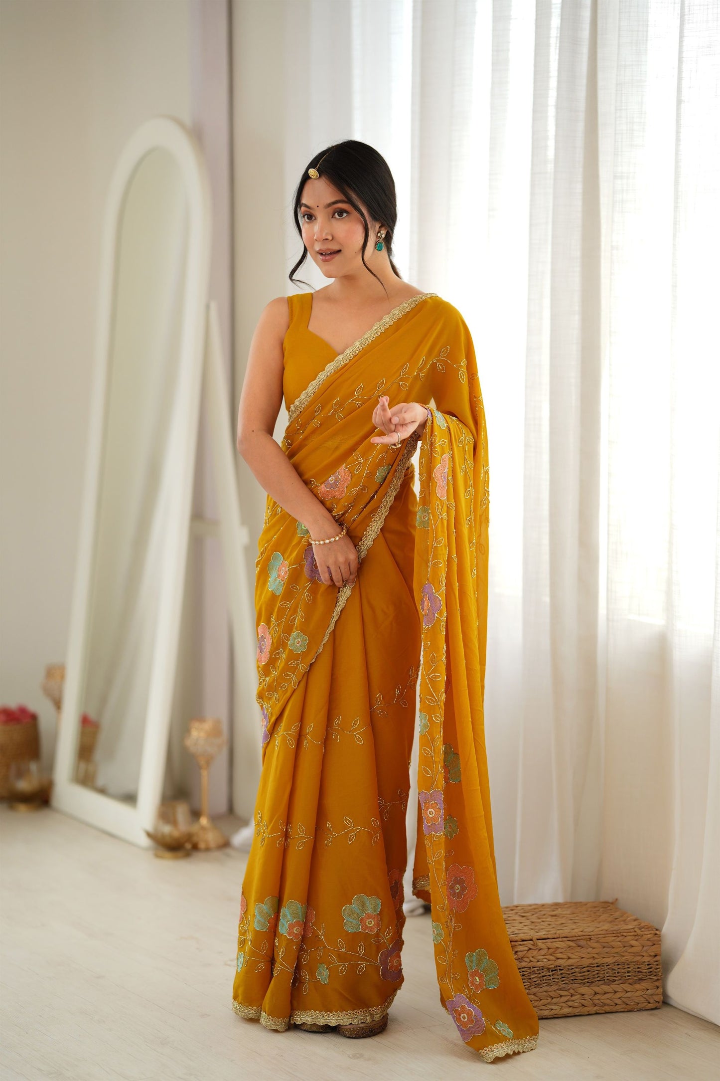 Refreshing Mustard Yellow Star Georgette Saree Thread Beads Embroidery Work for Women