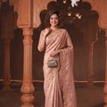 Beautiful Peach Pink Banarasi Silk Woven Designer Hand Work Saree for Women