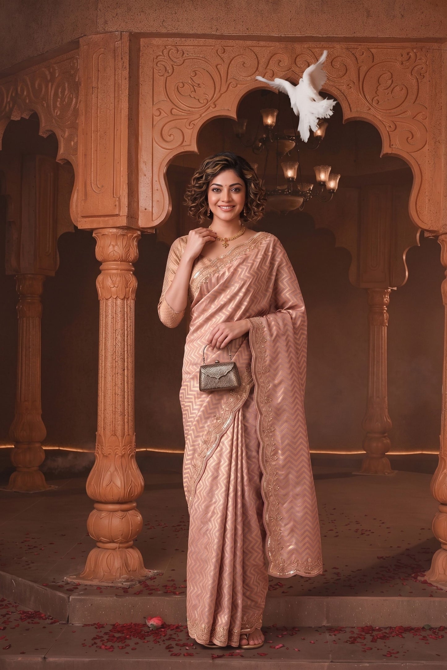 Beautiful Peach Pink Banarasi Silk Woven Designer Hand Work Saree for Women