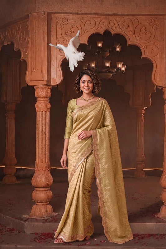 Elegant Golden Yellow Banarasi Silk Woven Designer Hand Work Saree for Women