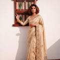 Lovely Cream Banarasi Silk Woven Designer Hand Work Saree for Women