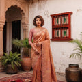 Beautiful Peach Banarasi Silk Woven Designer Hand Work Saree for Women