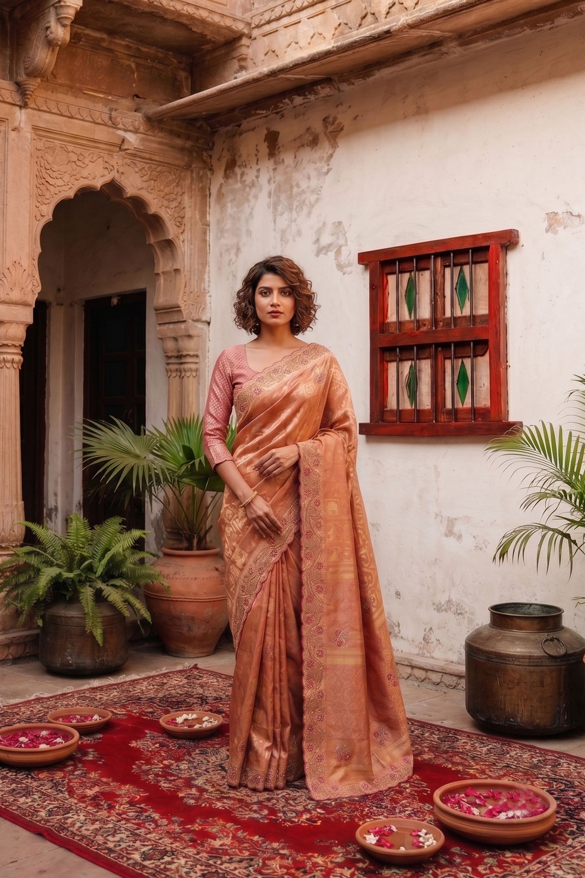 Beautiful Peach Banarasi Silk Woven Designer Hand Work Saree for Women