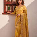 Vibrant Mustard Yellow Banarasi Silk Woven Designer Hand Work Saree for Women