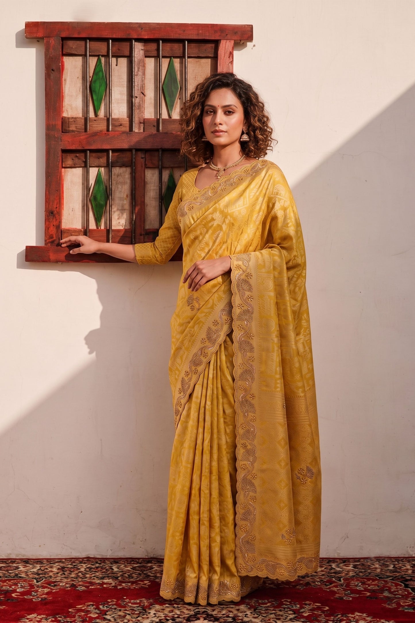 Vibrant Mustard Yellow Banarasi Silk Woven Designer Hand Work Saree for Women