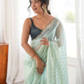 Elegant Pastel Green Fendy Satin Woven Saree with Beads Work for Women