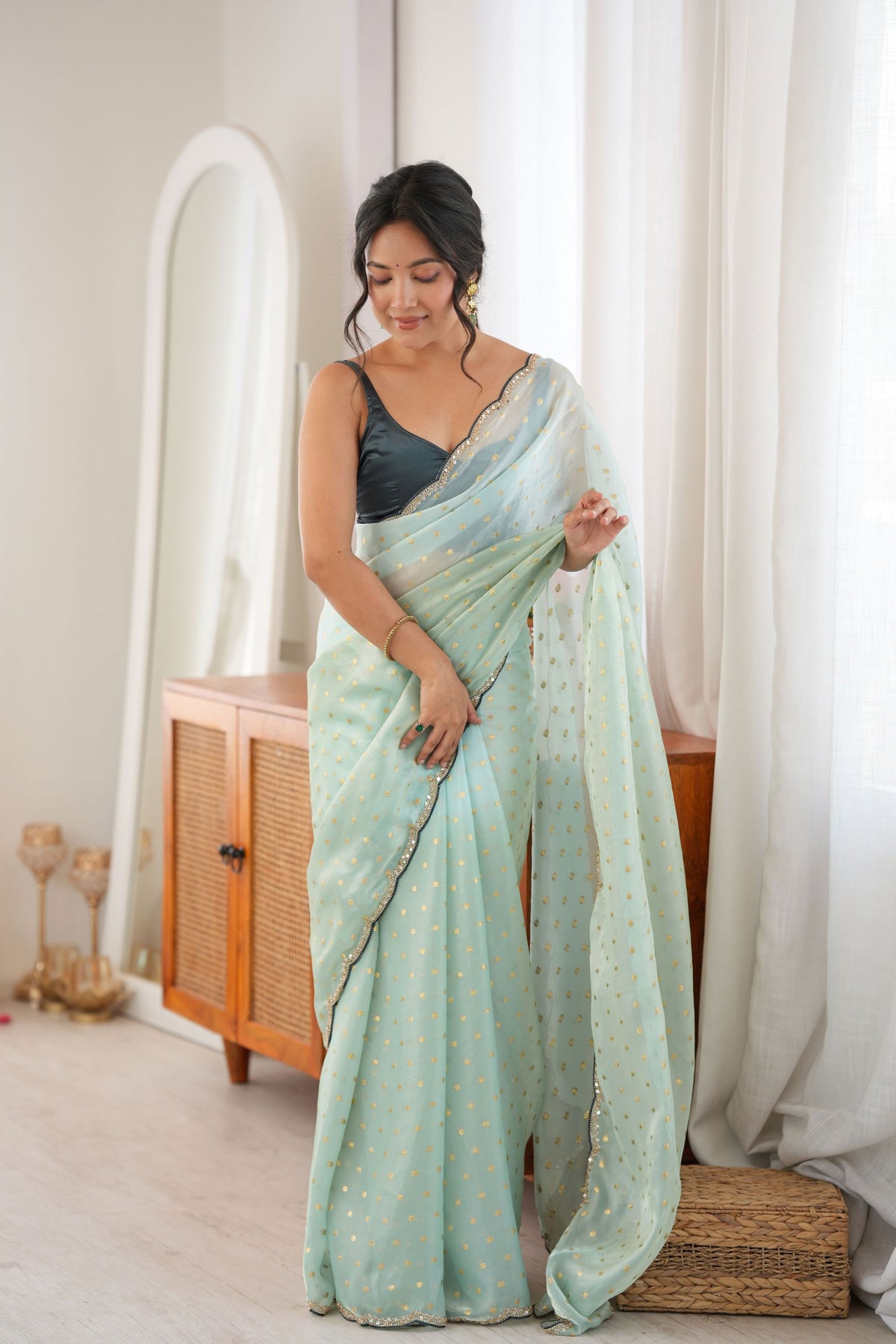 Elegant Pastel Green Fendy Satin Woven Saree with Beads Work for Women