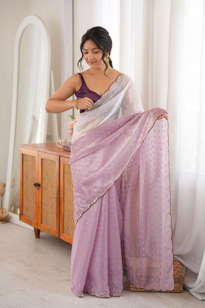 Stylish Lavender Fendy Satin Woven Designer Saree with Beads Work for Women