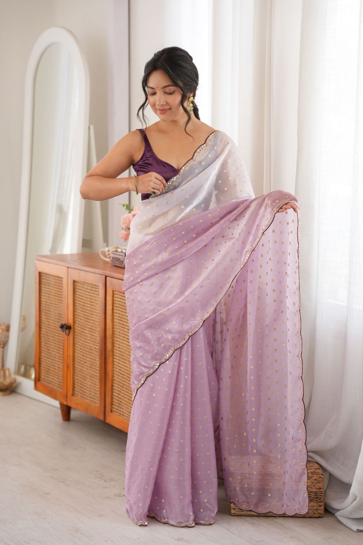Stylish Lavender Fendy Satin Woven Designer Saree with Beads Work for Women