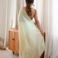 Premium Cream Fendy Satin Woven Designer Saree with Beads Work for Women