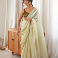 Premium Cream Fendy Satin Woven Designer Saree with Beads Work for Women