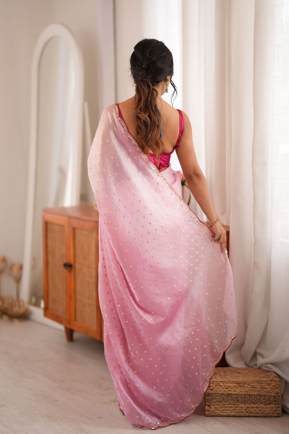 Beautiful Pink Fendy Satin Woven Designer Saree with Beads Work for Women