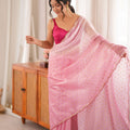 Beautiful Pink Fendy Satin Woven Designer Saree with Beads Work for Women