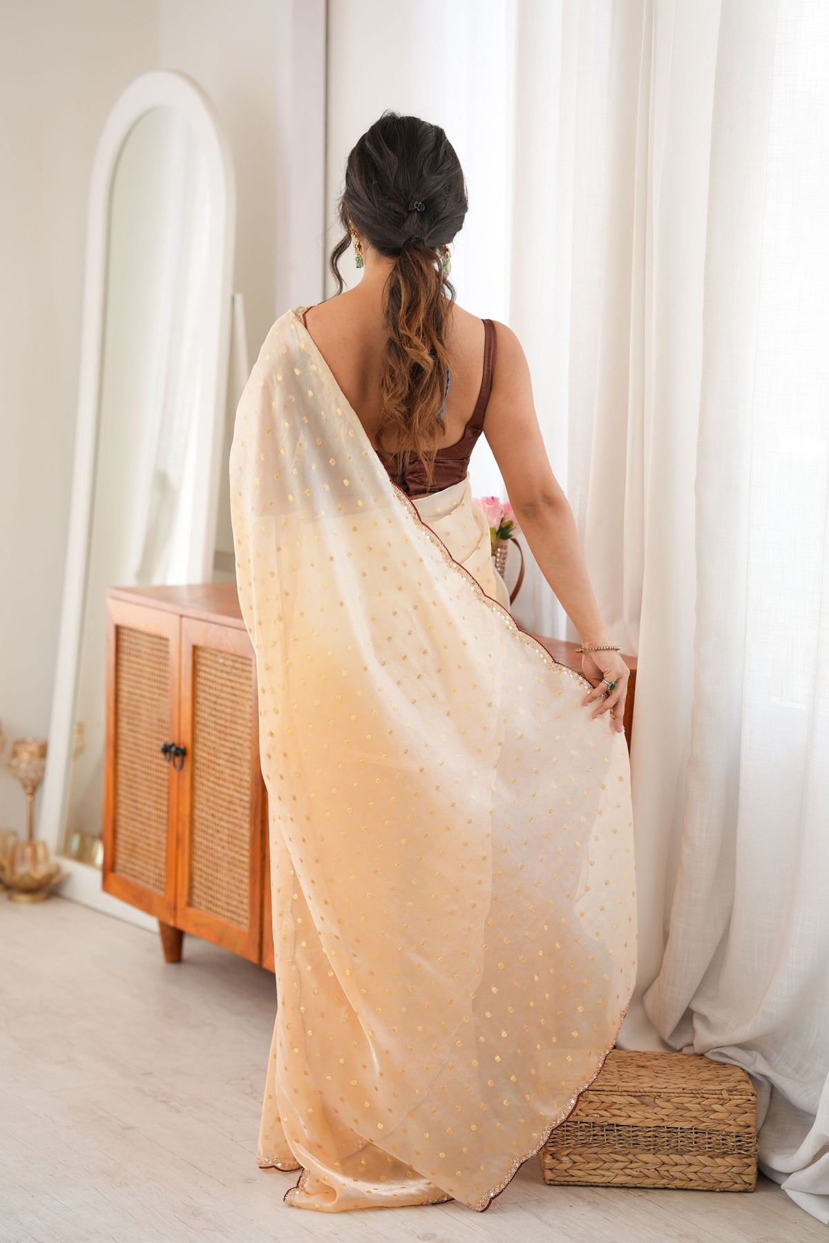 Gorgeous Peach Fendy Satin Woven Designer Saree with Beads Work for Women