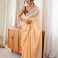 Gorgeous Peach Fendy Satin Woven Designer Saree with Beads Work for Women