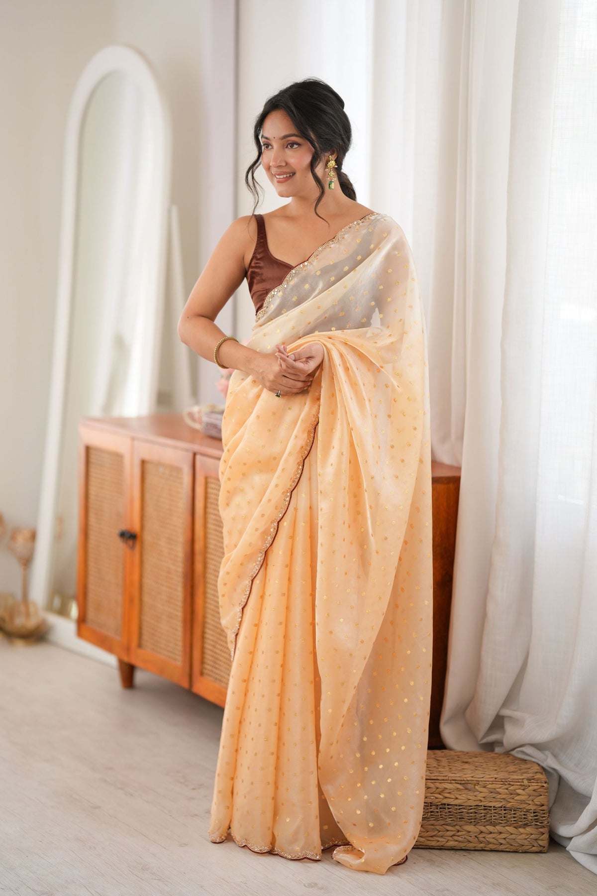 Gorgeous Peach Fendy Satin Woven Designer Saree with Beads Work for Women