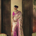 Elegant Cream Pure Georgette Saree Weaving Work Embroidered Border for Women