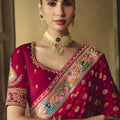 Magnificent Wine Pure Georgette Saree Weaving Work Embroidered Border for Women