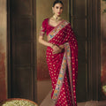 Magnificent Wine Pure Georgette Saree Weaving Work Embroidered Border for Women