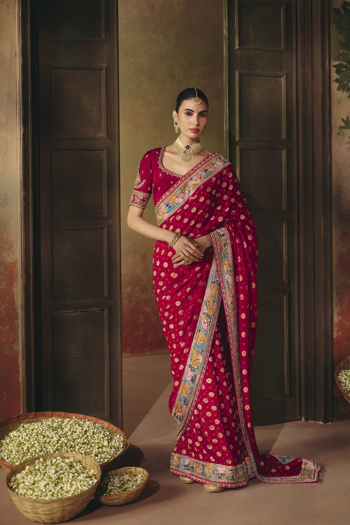 Magnificent Wine Pure Georgette Saree Weaving Work Embroidered Border for Women